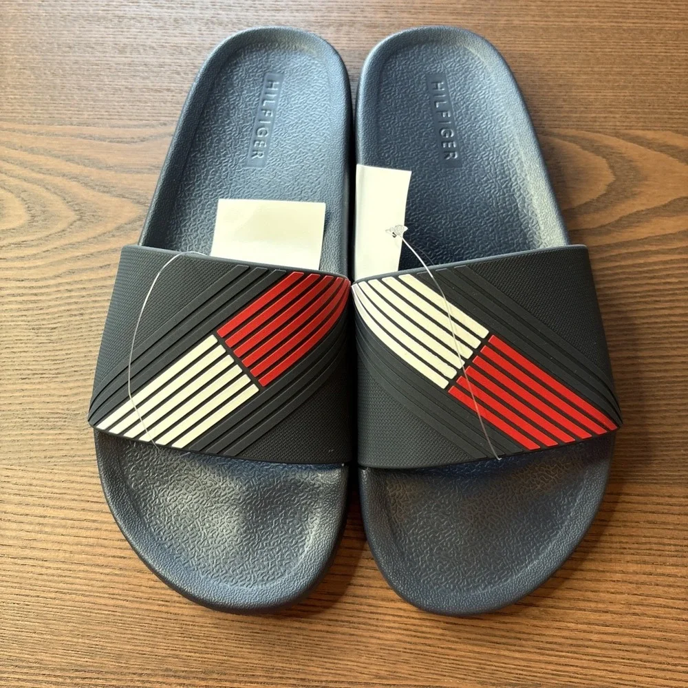 Tommy Hilfiger Slides Mens 9 Sandals Flag Logo Navy Blue White Red NEW